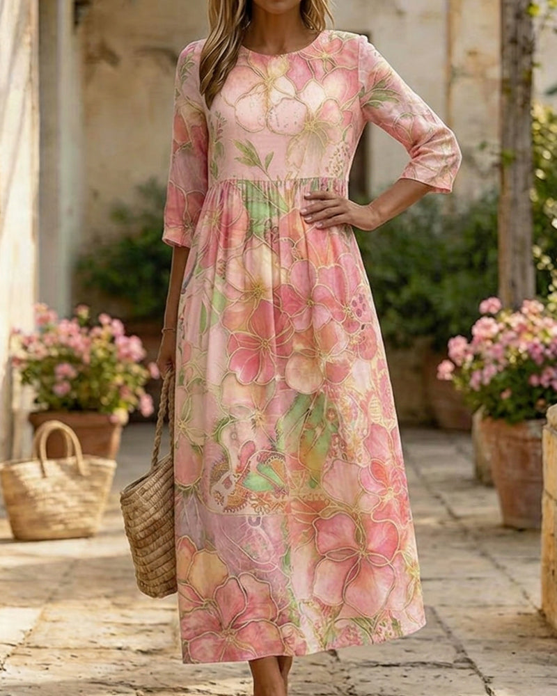 Robe Aquarelle Florale Manche Trois Quarts Jupe Ample Maxi