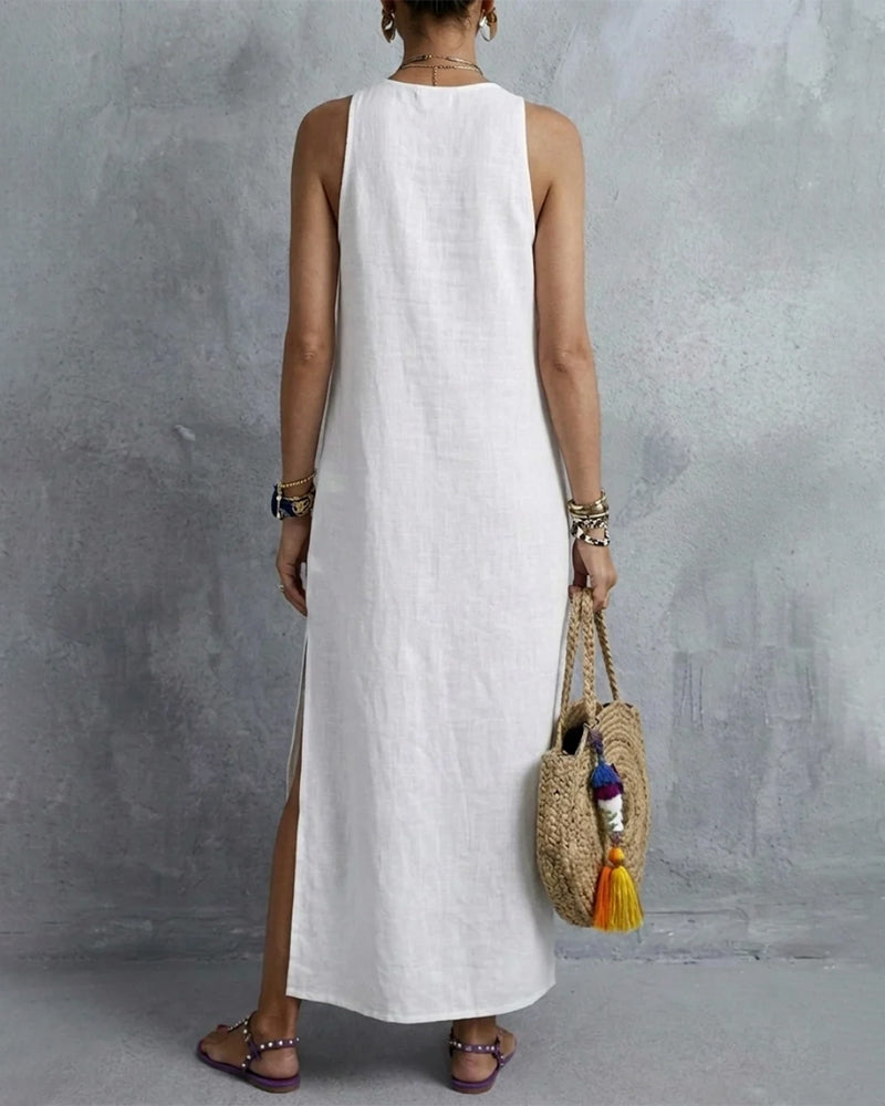 Robe Sans Manches Col En V Bohémienne Longue
