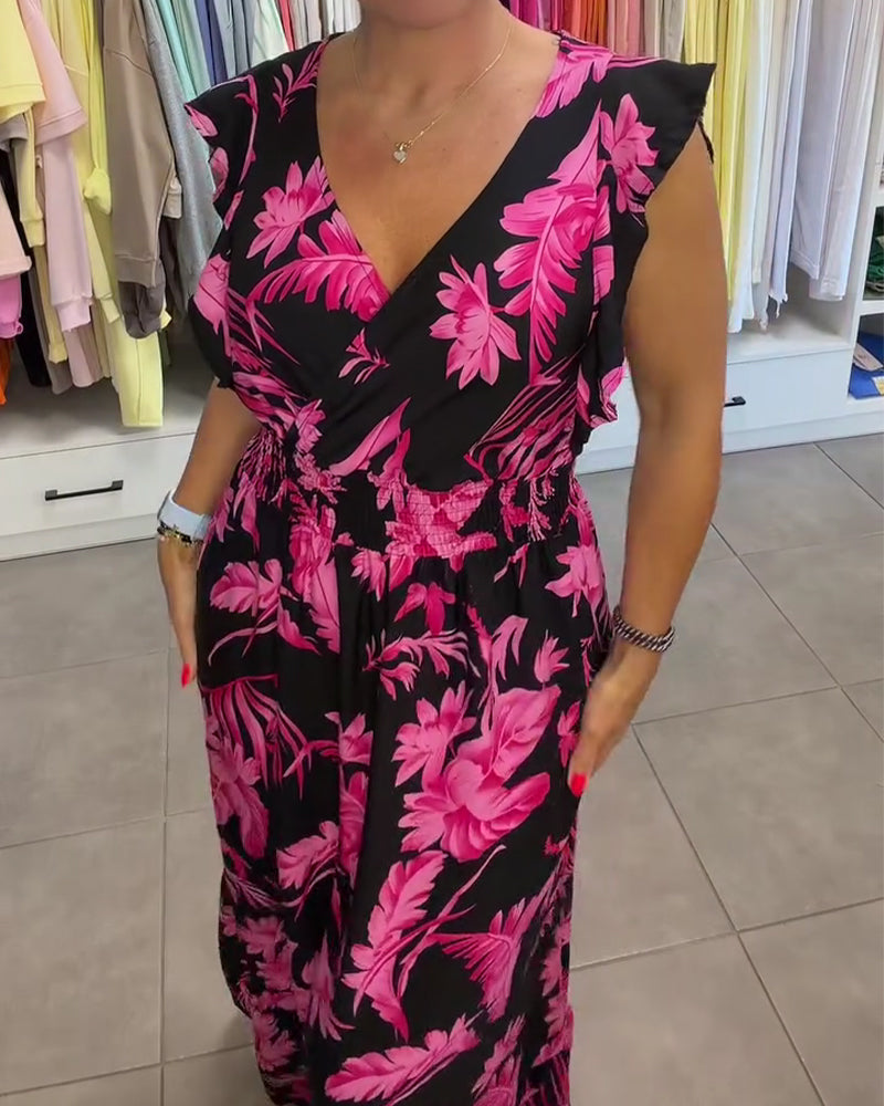 Robe Florale Tropicale Col En V Taille Cintrée Longue