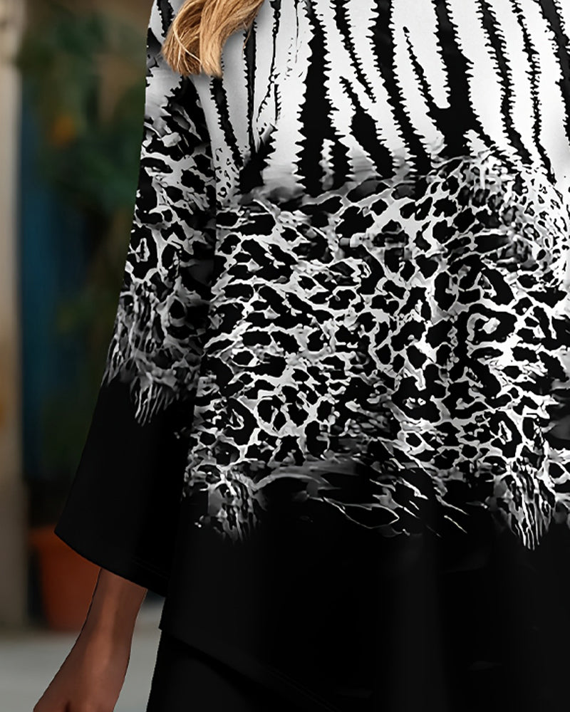 Blouse Col Rond Imprimé Léopard Irrégulier