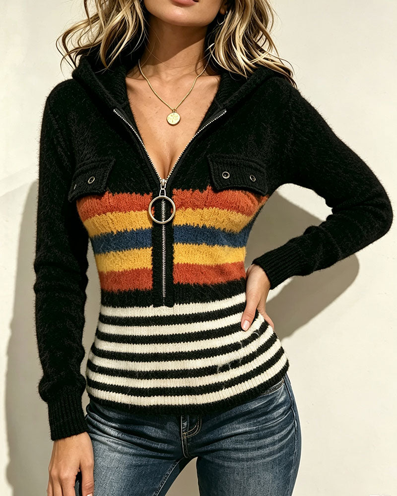 Top Tricoté Bloc De Couleur Rayé Demi Fermeture Éclair Capuche
