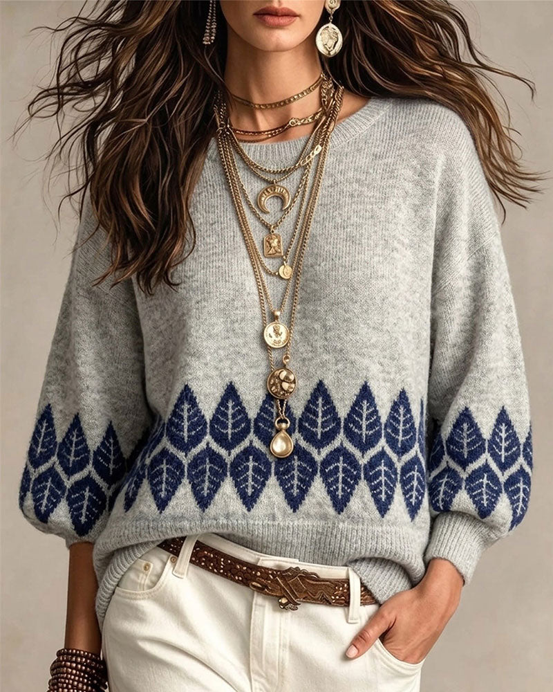 Pullover Col Rond Manche Lanterne Feuille