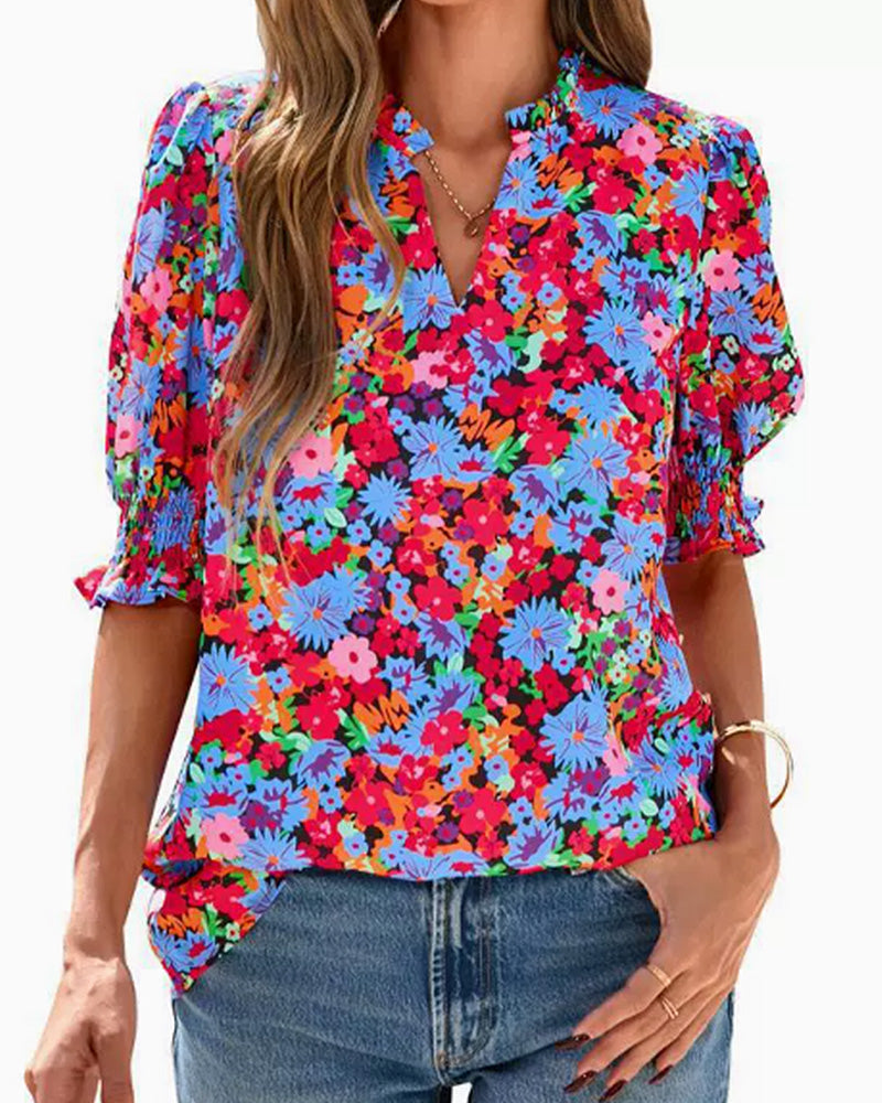 Chemisier Floral Manche Bouffante Courte