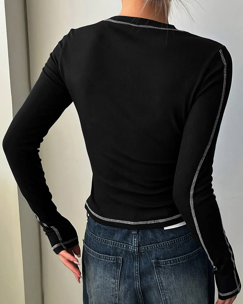 Haut Élégant Col Rond Slim Fit Manches Longues