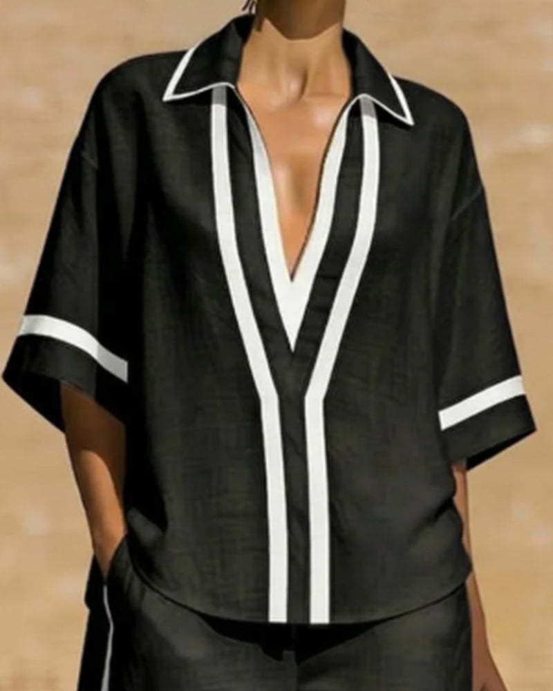 Ensemble Deux Pièces Chemise Revers Contraste Jambe Large Pantalon