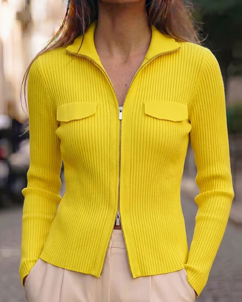 Manteau Revers Manches Longues Fermeture Éclair