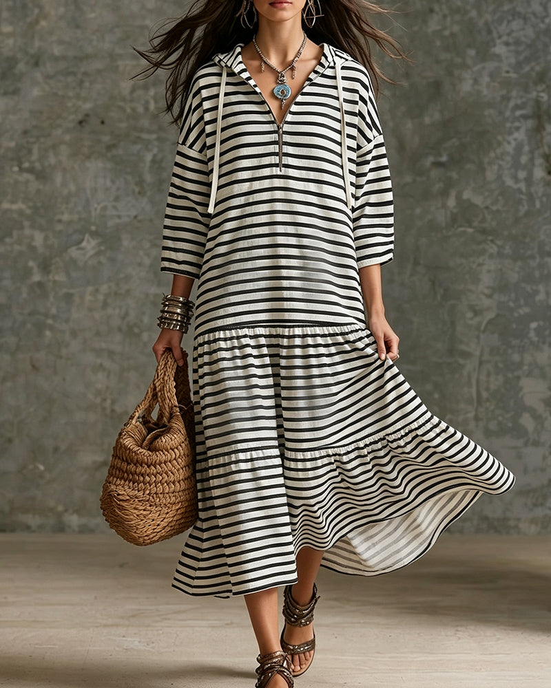 Robe Fermeture Éclair Capuche Rayé À Volants