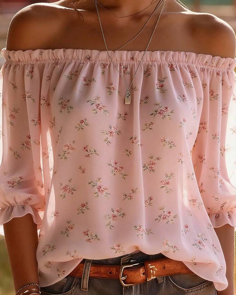 Blouse Off-Shoulder Florale Manche Trois Quarts