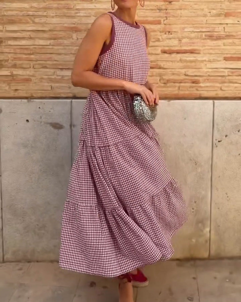 Robe Col Rond Plaid Sans Manches