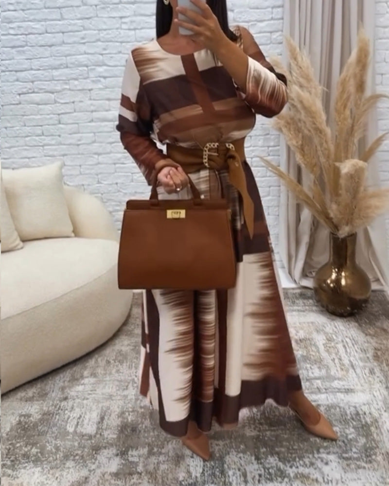 Robe à manches longues et col rond de couleur contrastée rétro