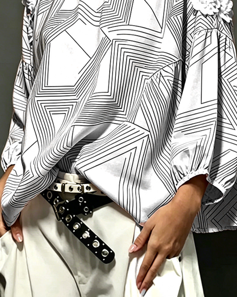 Blouse Col Rond Hors Épaule Géométrique Lâche