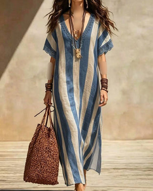 Robe Col V Rayée Décontractée