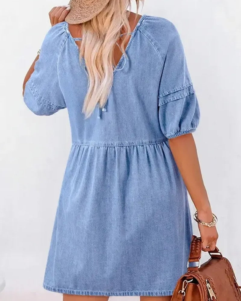 Robes Denim Col V Manche Bouffante