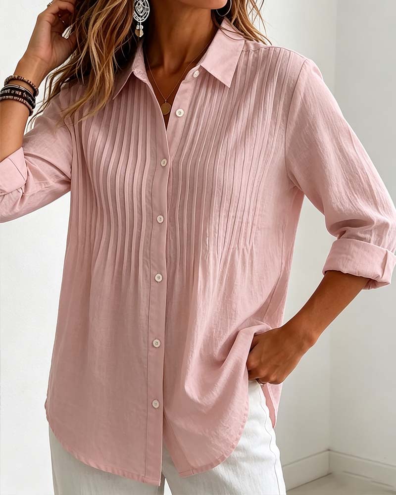 Chemise Col V Plissée Boutons Manches Longues