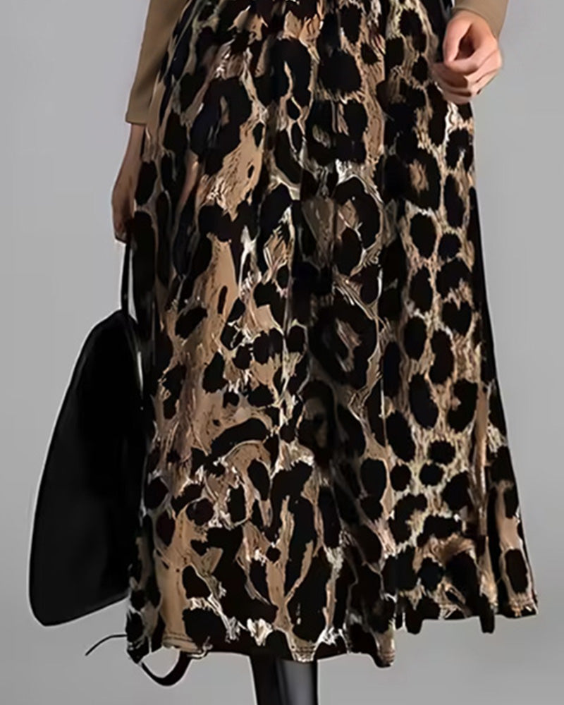 Robe Col Rond Léopard Jupe Ample