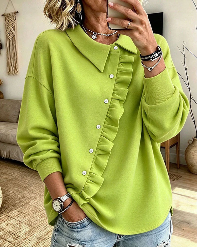 Sweat-Shirt Revers Volants Bouton Diagonal