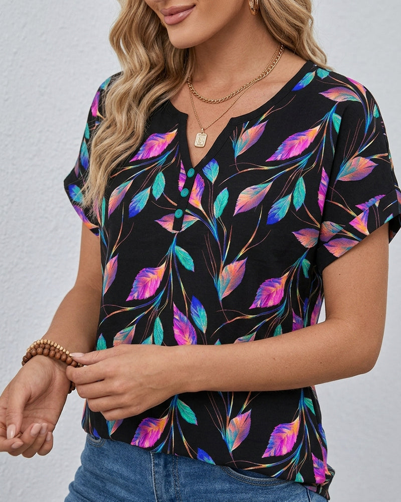T-Shirt Imprimé Manche Roulée Col V