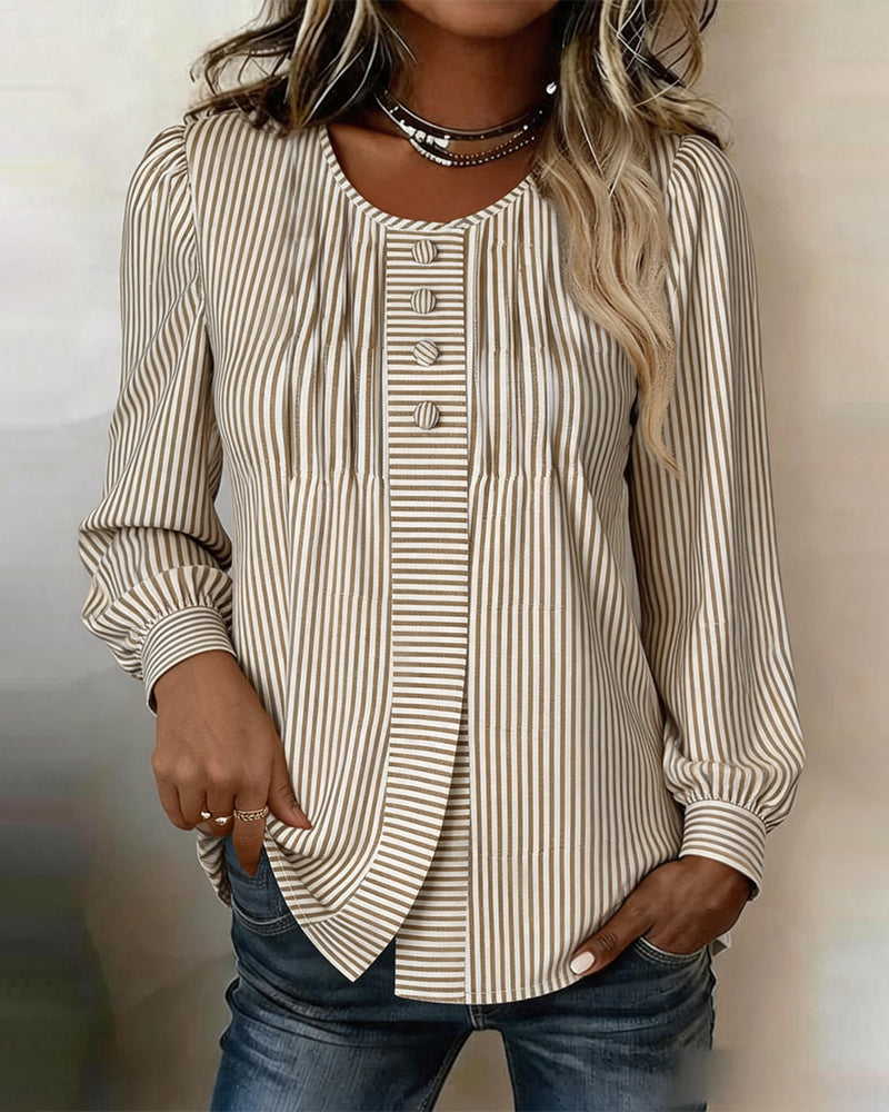 Blouse Col Rond Bouton Devant Rayure Manches Ballon