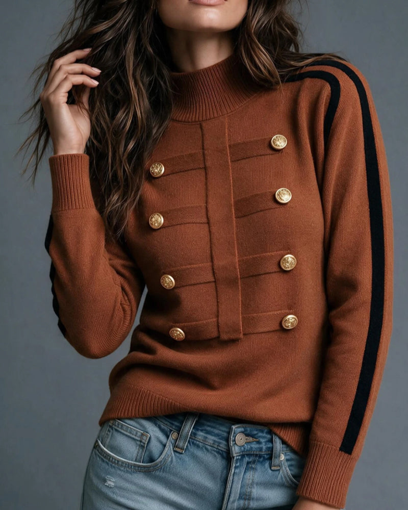 Pullover Col Roulé Bouton Métal Bloc Couleur