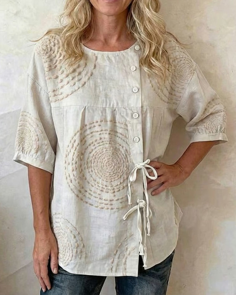 Blouse Col Rond Ample Nœud Latéral Imprimée