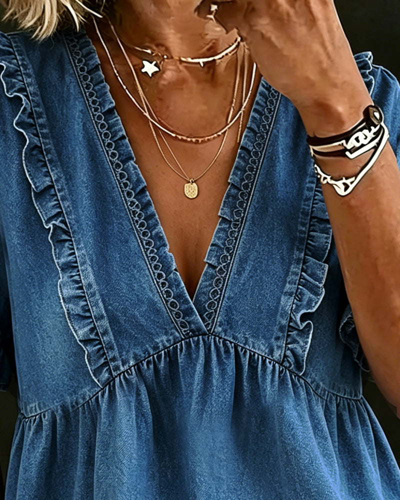 Blouse Col V Manche Courte Volant Ballon