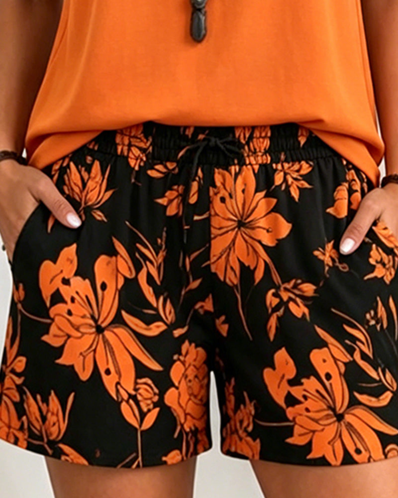 Ensembles Col V Sans Manches Haut Et Imprimé Shorts