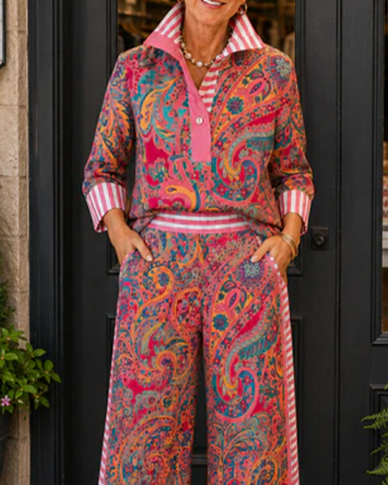 Set Revers Rayure Imprimé Chemise + Jambe Large Pantalon