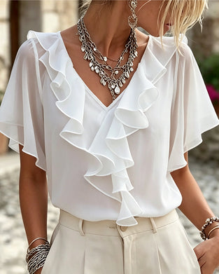 Blouse Col-V Volantée Uni