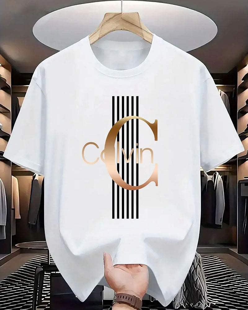 T-Shirt Lettre Rayure Verticale Imprimé Manche Courte