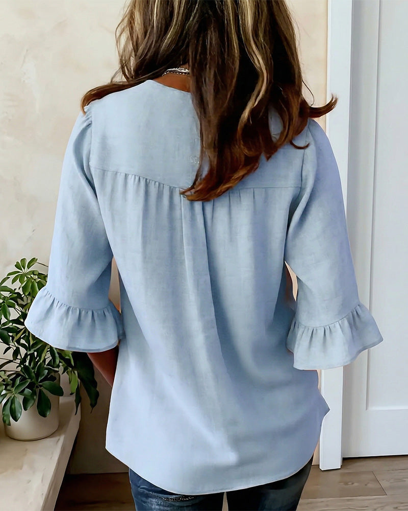 Blouses Unies Coton-Lin Boutons En Bois Volants